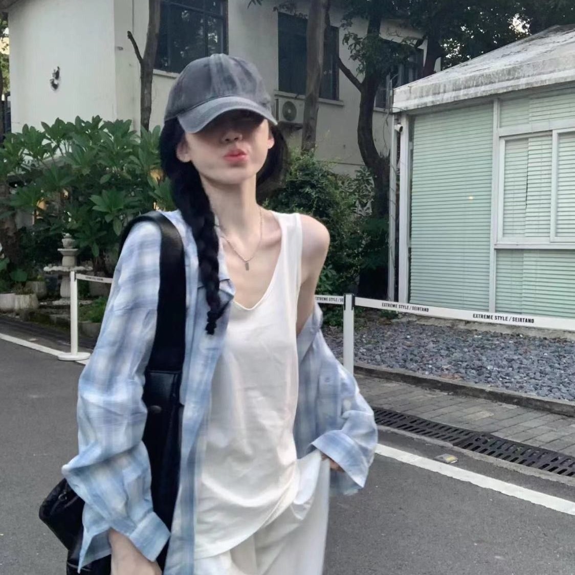 アメリカン 甘くてかっこいい風 灰青 差し色 チェック シャツ レディース 長袖 可愛い カジュアル 重ね着 塩系 アウター59818