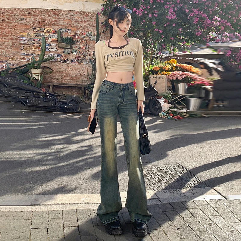 アメリカンレトロノスタルジックローウエストフレアジーンズレディースホットガールスリミングとハイハンギングセンス多用途モップパンツ