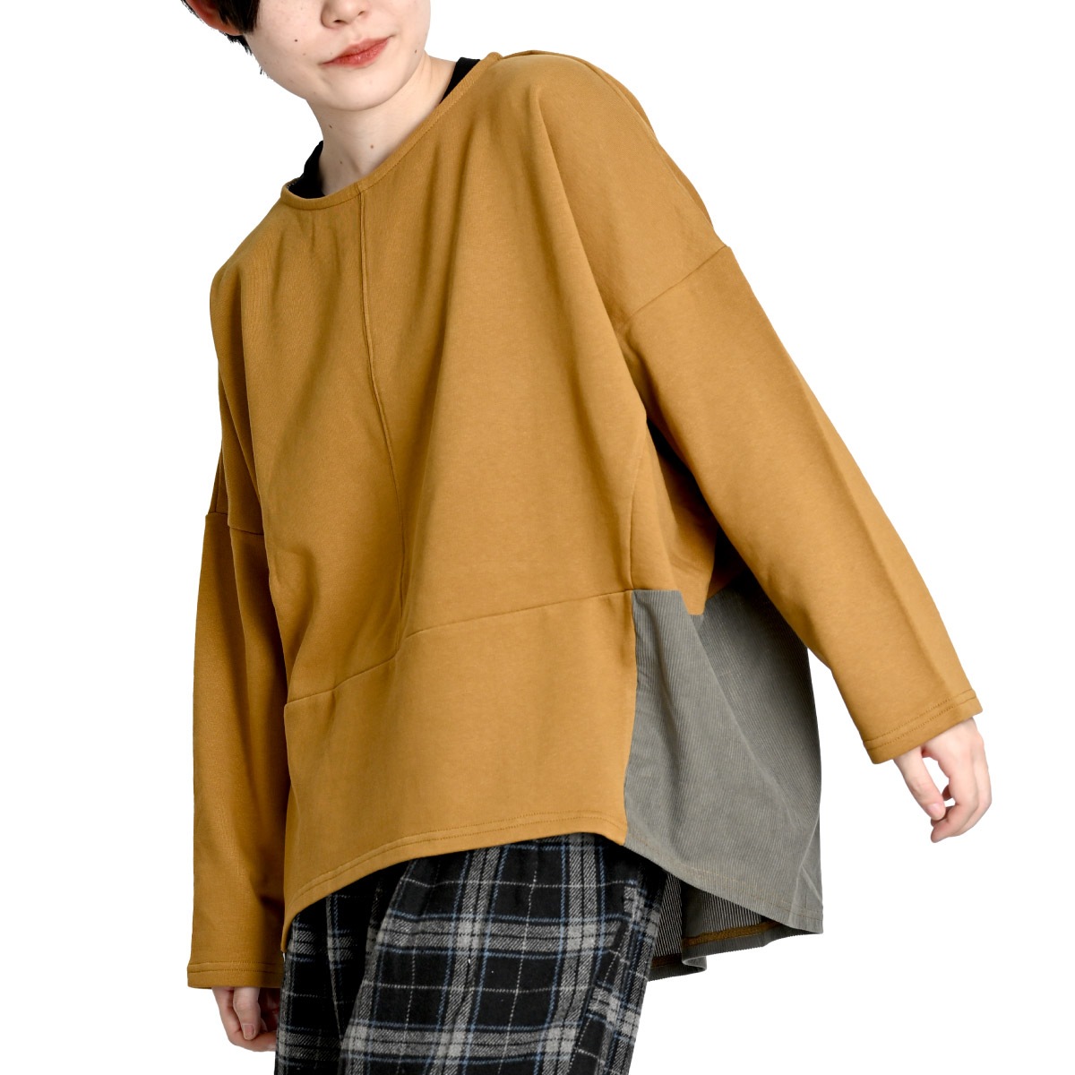 トップス ロンT レディース 飽きがこない異素材MIXプルオーバートップス カットソー 長袖 ビッグシルエット オーバーサイズ 異素材 切り替え ボーダー コーデュロイ メンズ ユニセックス