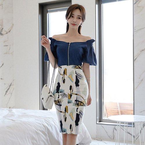 キャバドレス ナイトドレス ミディアムドレス セットアップ ツーピース パフスリーブ オフショルダー ハイウエスト ストレッチ フリル レディース グラシア