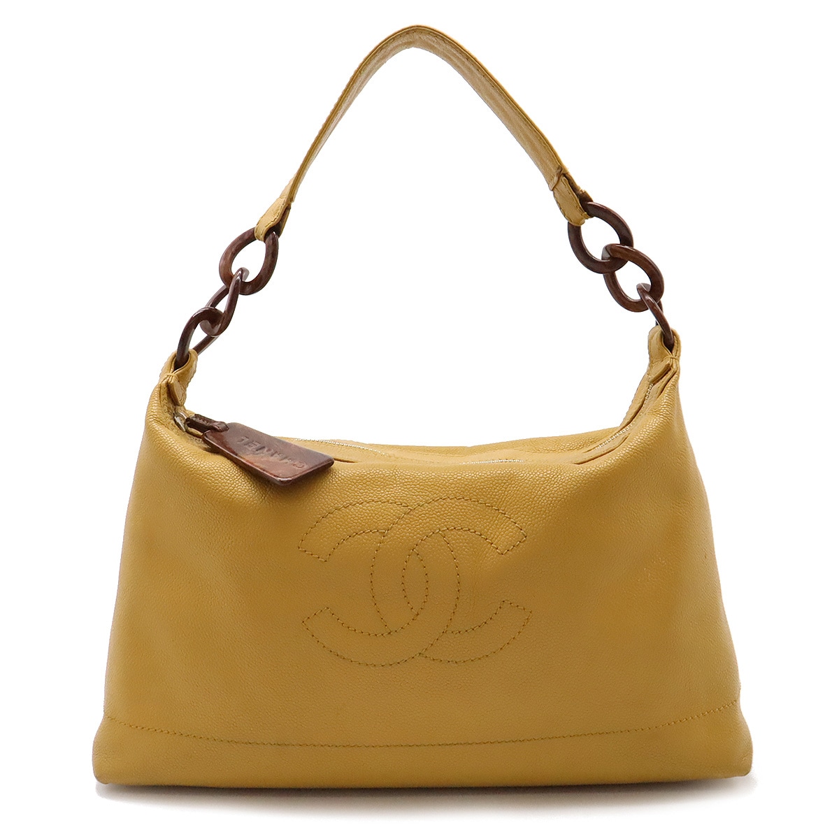 ココマーク ウッドチェーン ショルダーバッグ ワンショルダー セミショルダー 肩掛け キャビアスキン マスタード 黄