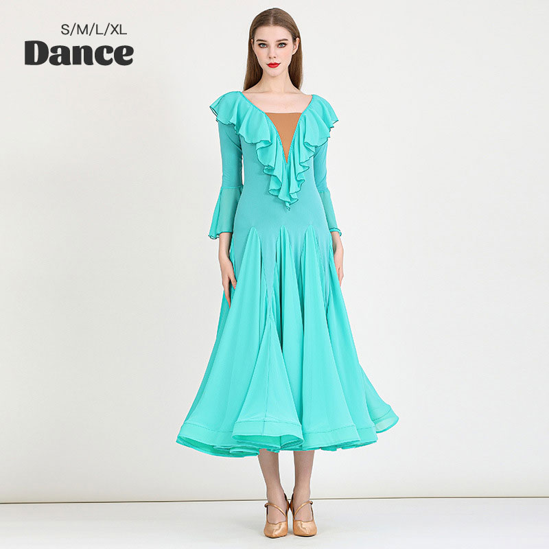 レディース ダンスドレス ロングドレス 水色 フリル モダンダンス ワルツ 優しい シェップ ストレッチ ステージ 団体 試合 イベント パーティー S M L XL