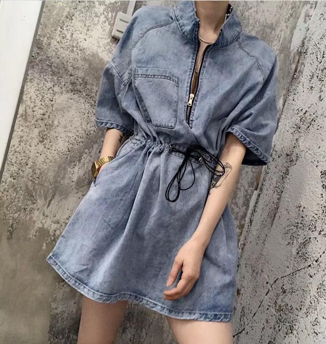 デニムワンピース レディース ミニ ワンピ チュニック トップス プルオーバー デニム かっこいい きれいめ おしゃれ スタンドカラー 半袖 コットン100％ 体型カバー 春 夏 秋 ミニスカート A 6,745円