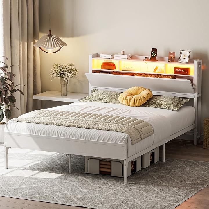 ベッドフレーム ダブルベッド 収納宮棚付き パイプベッド スチールベッド 高さ調整 頑丈 通気性カビ防止 安定 耐久 耐荷重350KG 組立簡単 D (ホワイト, ダブル)