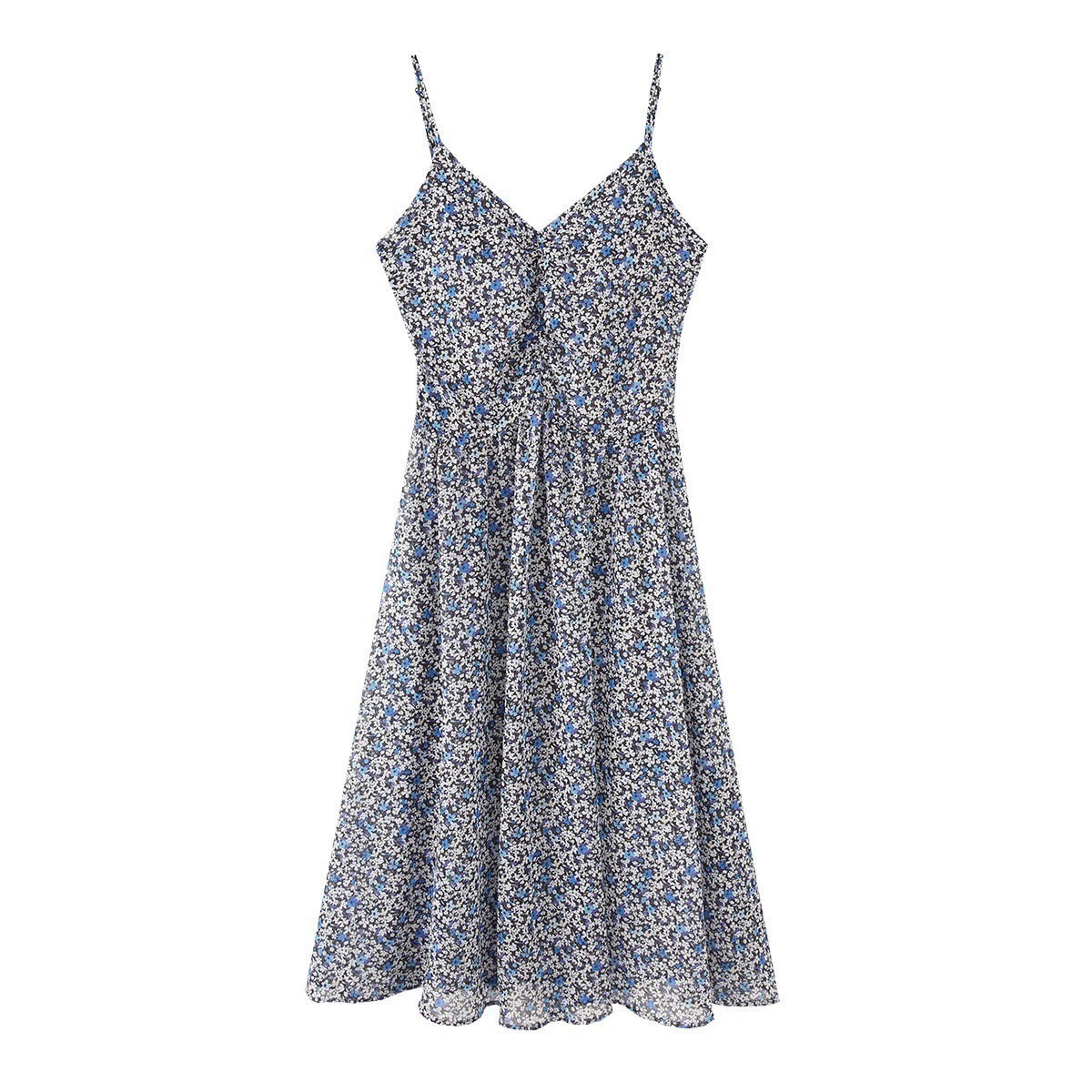 【急速発送】送.料.無.料.ブルーの花柄 リゾート風 ハイウエストロングスカート キャミソールワンピース