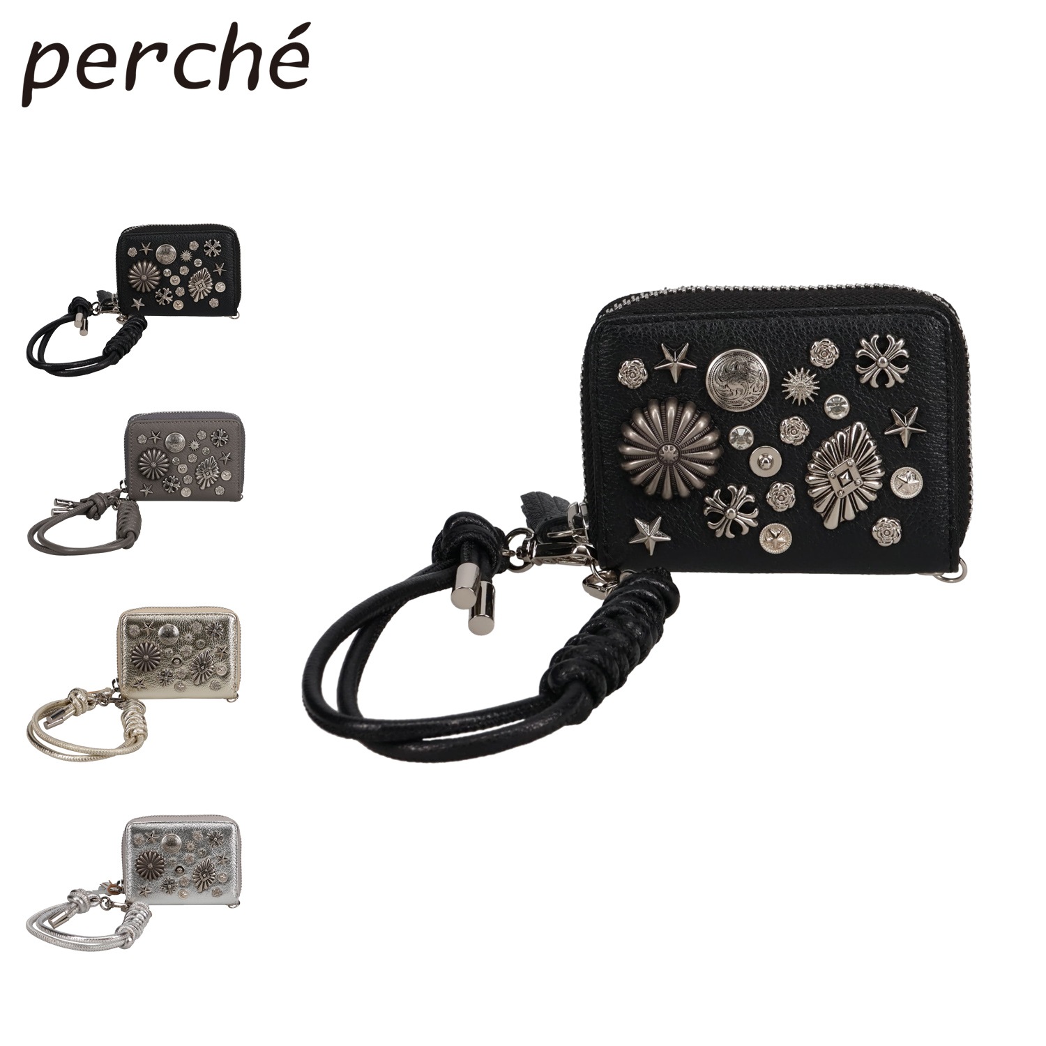 財布 二つ折り ミニ カードケース マルチスタッズジャバラチャームウォレットショルダー レディース ファスナー 本革 BOX型小銭入れ ブラック グレー ゴールド シルバー 80-06-00102 11,519円