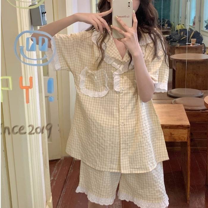 ルームウェア レディース 部屋着 パジャマ 上下セット トップス ショートパンツ 個性的 半袖 オープンカラー レース ギンガムチェック 柄 黄色 春 夏 秋 カジュアル きれいめ 上品 ナチュラル