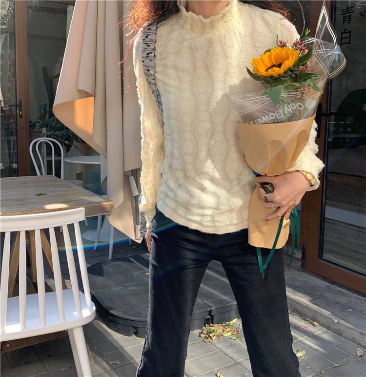 トップス ニットソー 白トップス 袖あり 長袖 ハイネック モコモコ 綿 ニット かわいい シンプル カジュアル おしゃれ お洒落 キュート ガーリー 柄 秋 冬 10代 20代 デート お出かけ 女