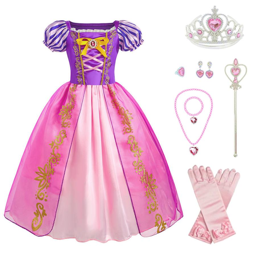 [即纳]新作先行発売ラプンツェル ドレス 子供 コスプレ 衣装 豪華８点 セット ドレス 手袋 ティアラ ステッキ ネックレス イヤリング など 100 110 120 130 140【短納期】 5,349円