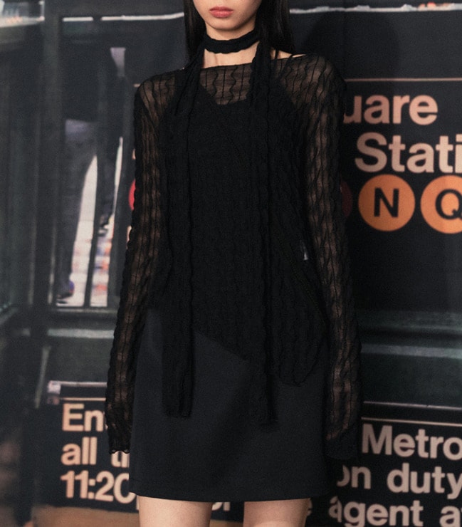 [韓国の人気商品 highschooldisco]Wave Long Sleeve (Scarf Set) Black