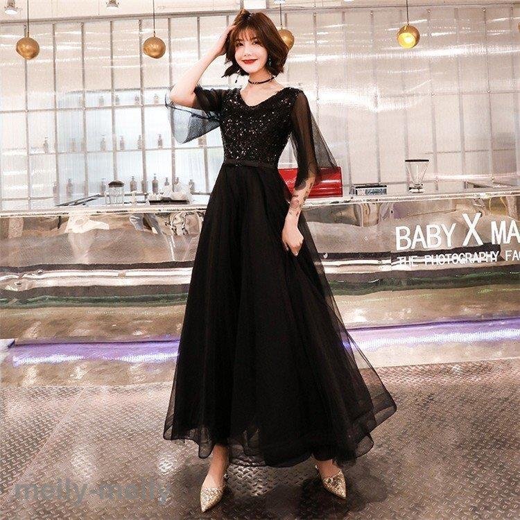 ロングドレス 演奏会 パーティードレス ブラックドレス レディース 結婚式 ドレス ワンピース Vネ 5,335円