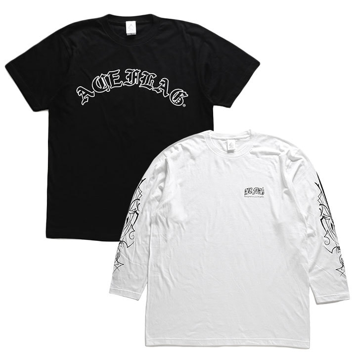 ACE FLAG セットアップ 重ね着 半袖 Tシャツ 長袖 ロンT コットン メンズ 黒 大きいサイズ エースフラッグ レイヤード ピンストライプ 袖ロゴ ライン