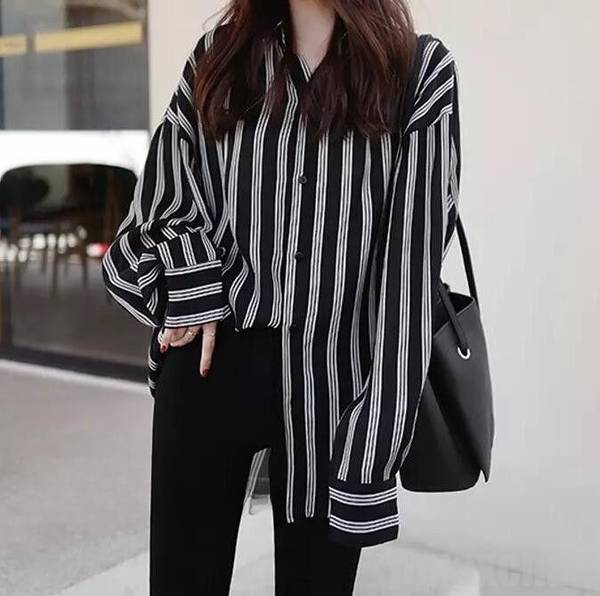 2色　シフォンシャツ　ブラウス　レディース　トップス　ボーダー柄　ストライプ　長袖　体型カバー　ゆったり　カジュアル　通勤　着回し　春夏秋　20代30代40代50代60代