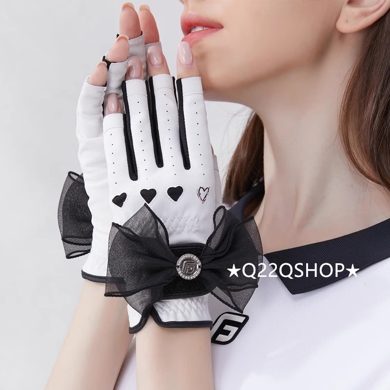 ゴルフ グローブ 手袋 リボン ハート柄 レーディス 女性 春夏 PU 透気性 左右手 両手 スポーツ ゴルフケース 滑り止め 通気性 耐摩耗 韓国風 おしゃれ 白 黒