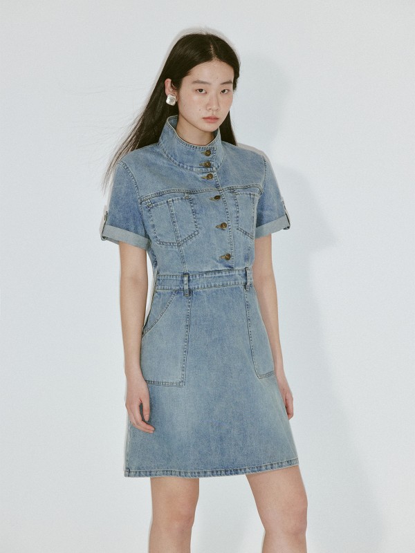 オモントエッグタルトホームレトロデニムドレス春新作スタンドカラーハイウエストカジュアルショートスカート
