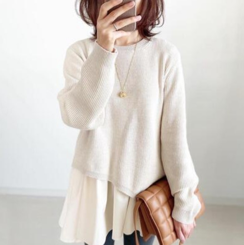 トップス カットソー ニットソー セーター アプリコット グレー 袖あり 長袖 かわいい 大人可愛い きれいめ シンプル 上品 おしゃれ 主役級 存在感 春 秋 冬 10代 20代 30代 個性的