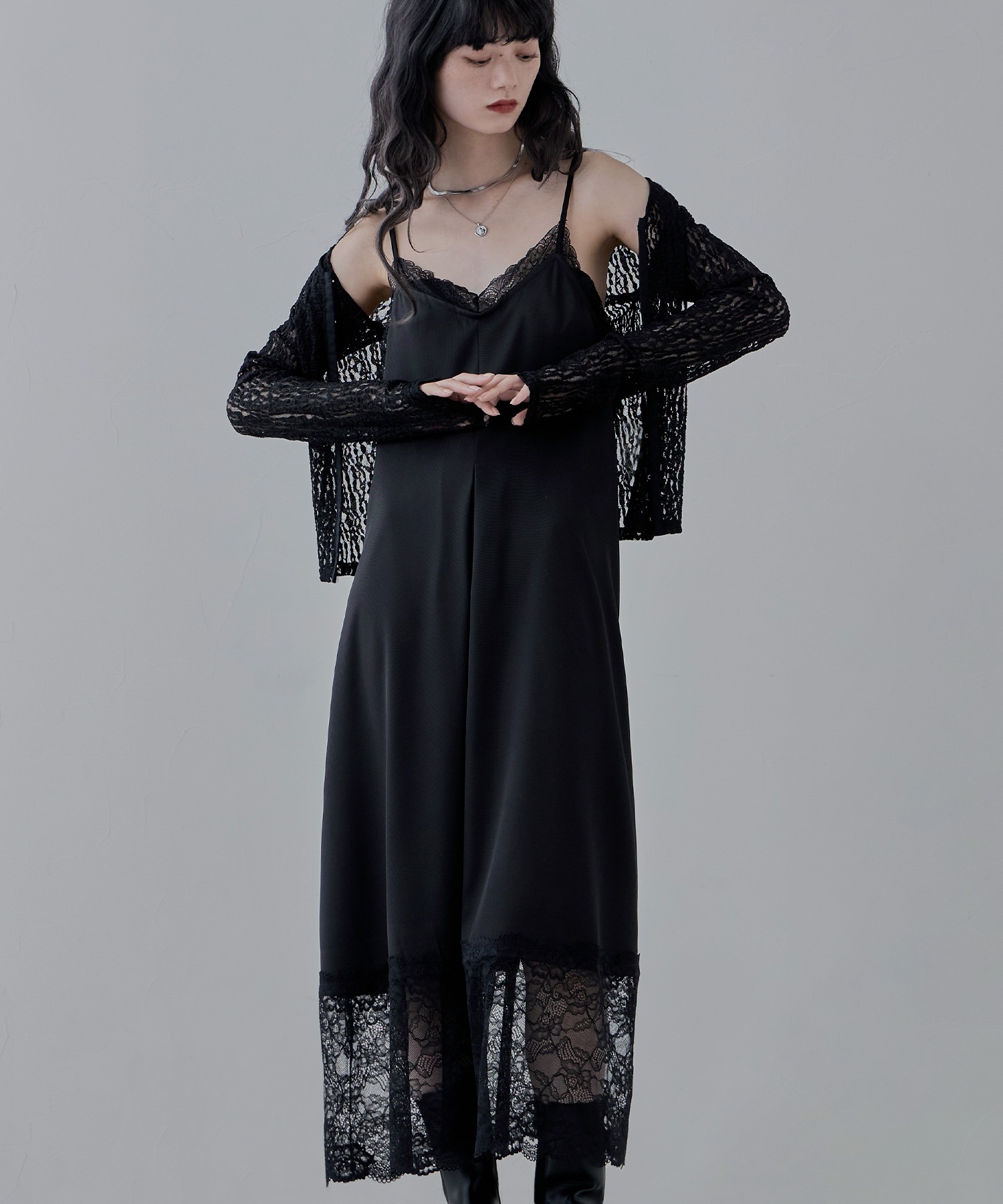 ツイルレースランジェリー風キャミワンピ ワンピース ワンピ キャミワンピ ノースリーブ ロング ツイル レース タック ボックスタック ランジェリー キャミソール スカラップレース 重ね着