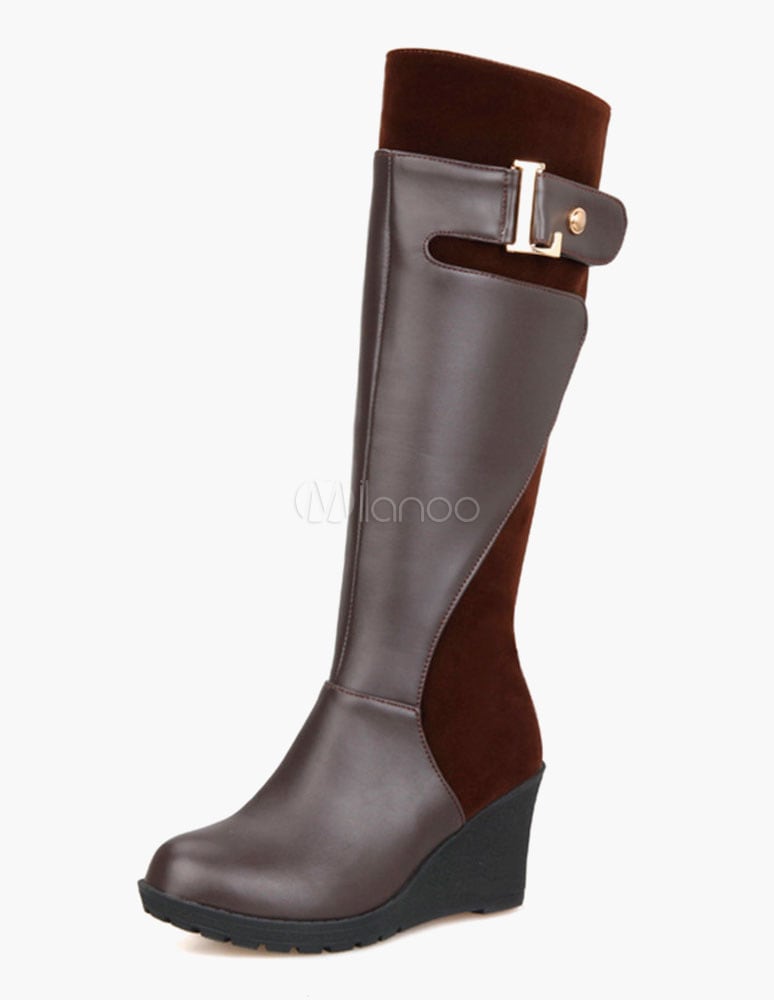 新しいスタイルのウェッジヒールバックルPUレザーの膝丈のブーツ