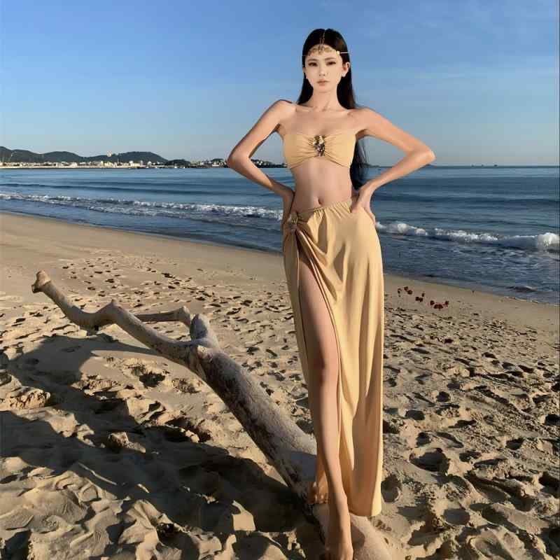 レディース ファッション リゾート ビーチウェア チューブトップ スプリット ビーチ スカート 魅惑的 ビキニ 水着 セットエレガント モダン トロピカル カジュアル バカンス ボヘミアン