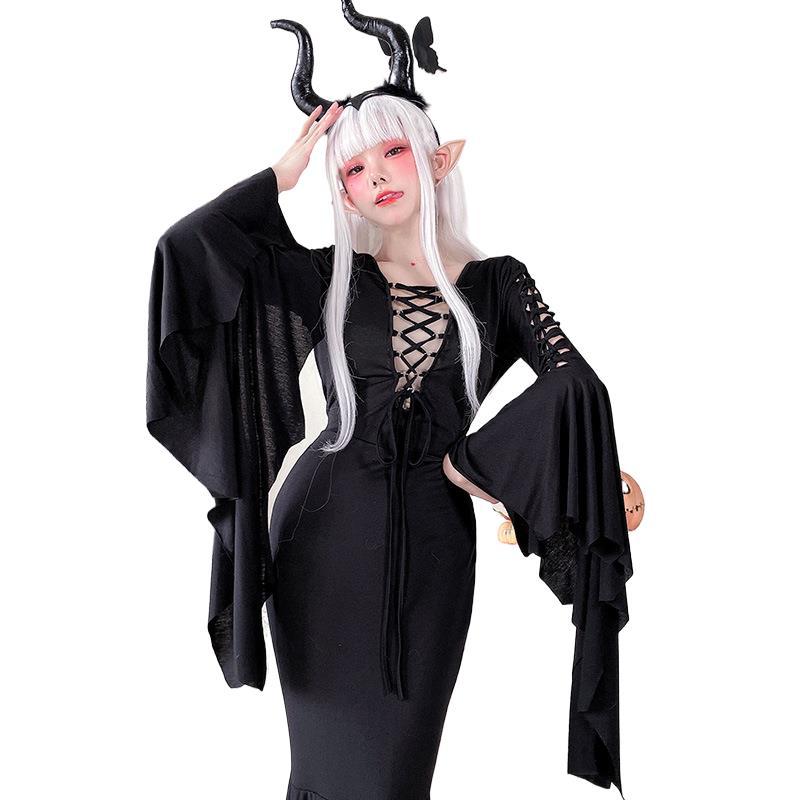 ハロウィン 大人用 仮装 コスチューム 魔女 長袖 ドレス コウモリ 中世 ダーク ゴシック スカート