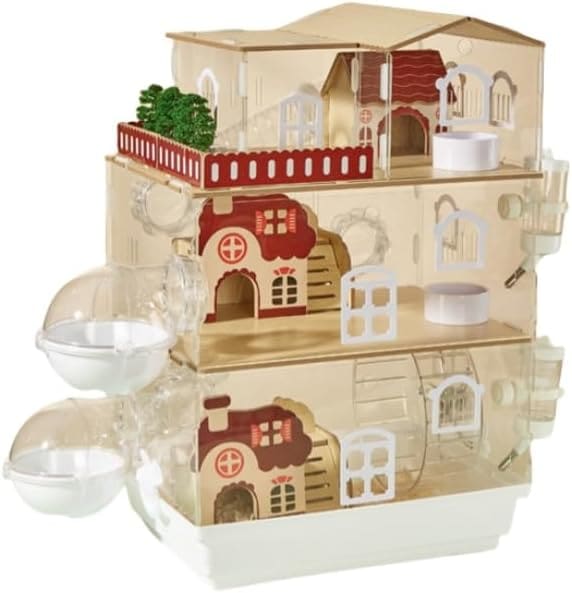 ハムスター ケージ透明 よく見える アクリル製 組立簡単 ゾーン分割 持ち運びやすい 3階トレーデザイン お掃除しやすい 通気穴いっぱい小動物用ケージ 脱獄防止