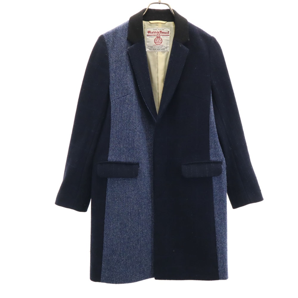ハリスツイード コラボ チェック柄 ヘリンボーン チェスターコート M ネイビー x Harris Tweed 比翼 レディース 古着