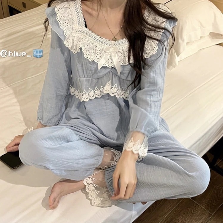 ルームウェア韓国ins女史韓国おしゃれで甘いレース全綿ホームウェアネット赤パジャマセット女性の外着が可能30%までに制限 4,997円