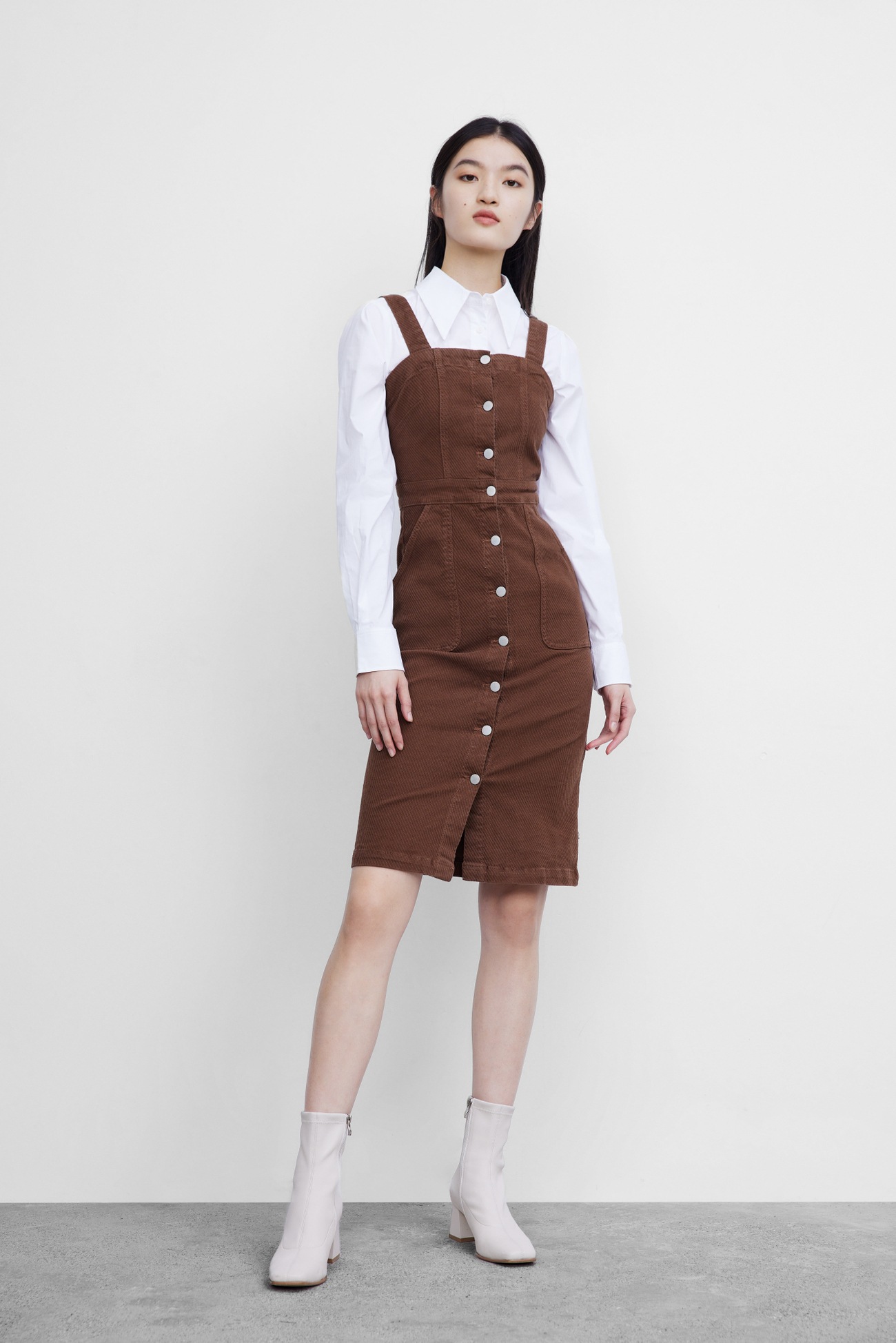 レディース カジュアル タイト ボタン ストラップ スカート トレジャー ワンピース きれいめ ダークブラウン XS S M ワンピース 膝上 袖あり 長袖 襟付き かわいい 大人可愛い きれいめ