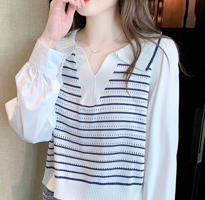 Vネック 襟付き 切り替えデザイン ボーダー トップス シャツ カットソー レギュラー丈 長袖 ルーズ 角襟 細身 ストレート スマート 編み込み かわいい 大人可愛い シンプル カジュアル 大人