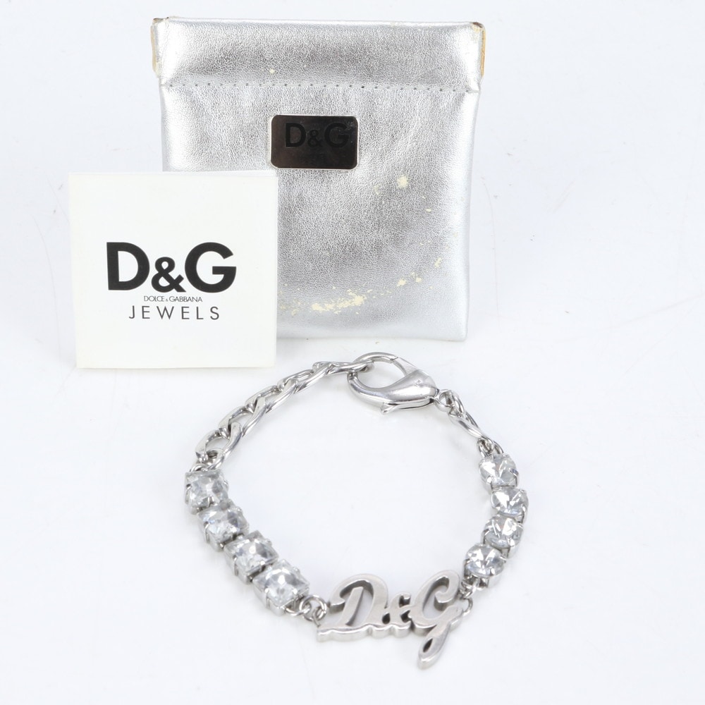 美品 D&G ドルガバ ラインストーン ビジュー シルバー チェーン アクセサリー ブレスレット レディース RUE CP2-7 中古