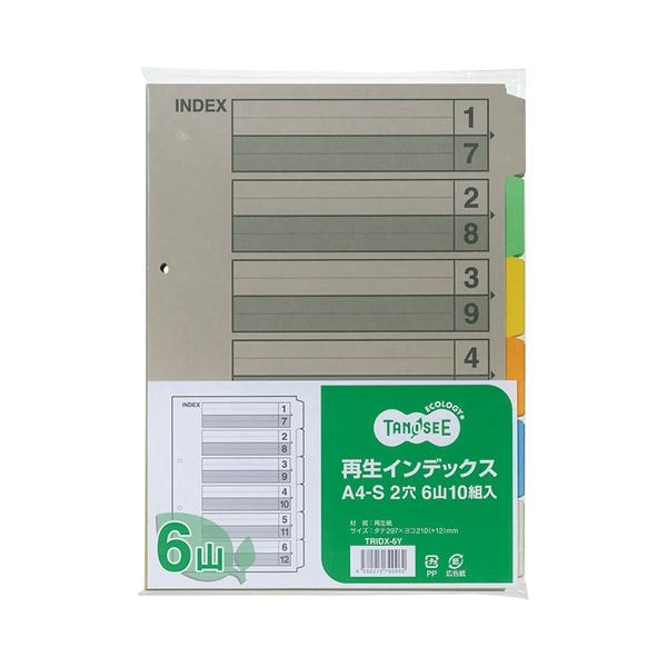 （まとめ） TANOSEE 再生インデックス A4タテ 2穴 6山 1セット（100組：10組×10パック） (×2セット)
