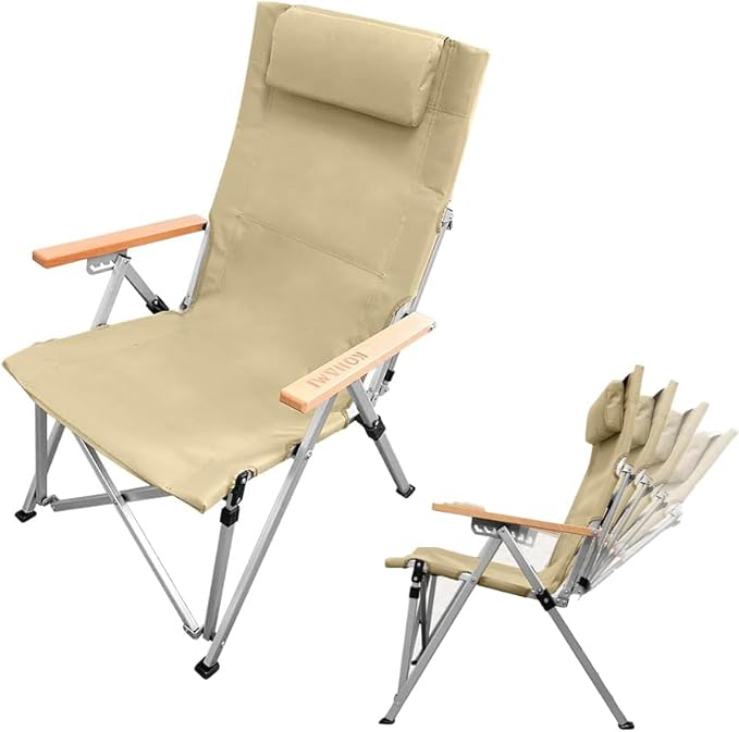 アウトドアチェア デッキチェア 折り畳み 4段階リクライニング 枕 背面ポケット 軽量 (ベージュ)