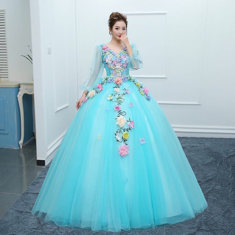 ワンピース プリンセスドレス ロングドレス ロング ブライダル ドレス 長袖 プリンセス 結婚式 食事会 レディース パーティードレス 二次会ドレス 花嫁 新婦 花柄 大きいサイズ 花嫁ドレス Aライ