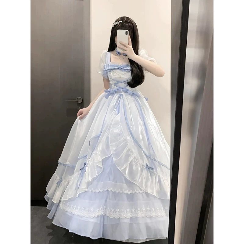 【2枚購入で 3oo円OFF！】ブルーアダルトドレスビッグフラワーウェディングロリータスカートopロリータゴージャスプリンセススカートハイエンドセンス女性