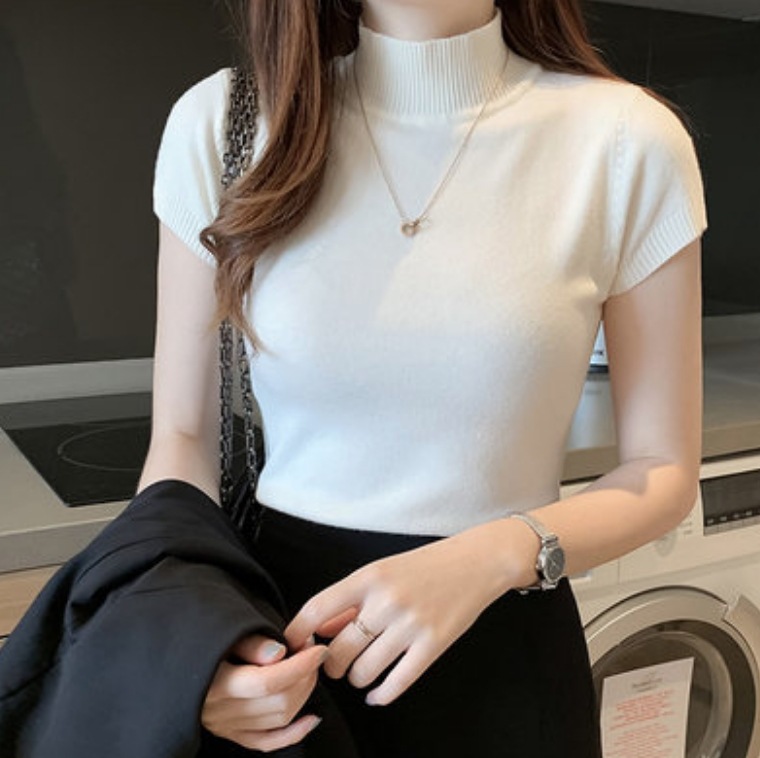 トップス デート かわいい 大人可愛い きれいめ シンプル カジュアル 大人 上品 おしゃれ お洒落 ハイネック ニット 半袖 スリム 無地 通勤 オフィス ママ インナー着回し レイヤード 韓国