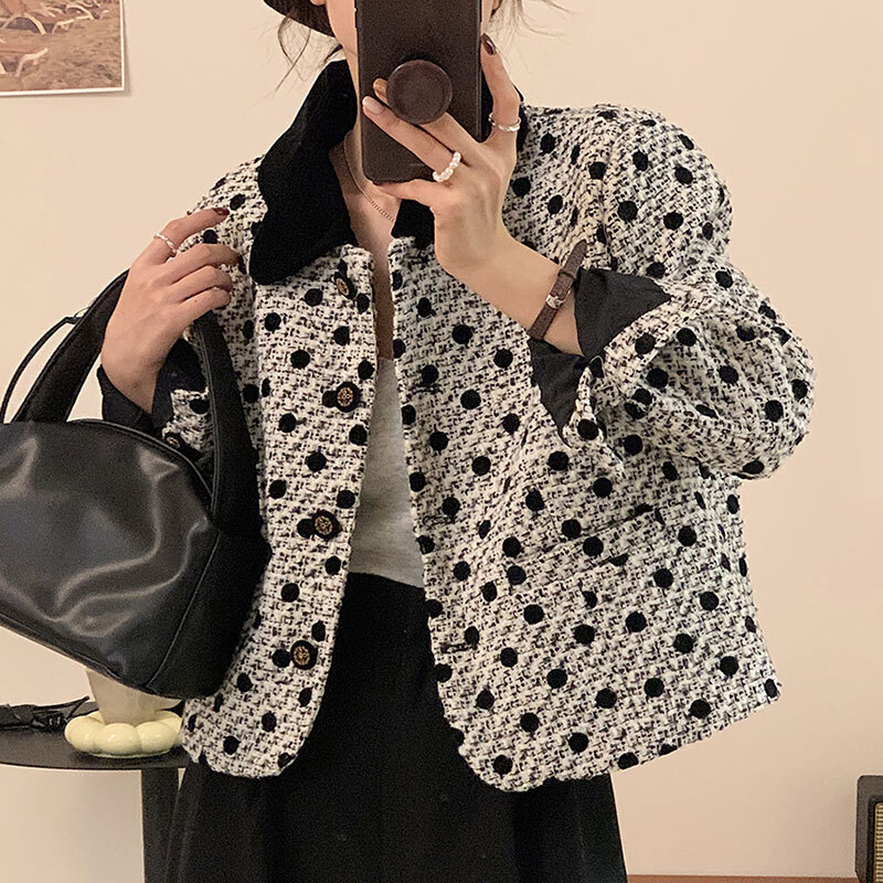 レディース ジャケット ミニ丈 ショート 長袖 襟付き 丸襟 ボタンダウン フェミニン 前開き ツイード 大人可愛い きれいめ カジュアル おしゃれ かっこいい レトロ フェミニン ガーリードット柄