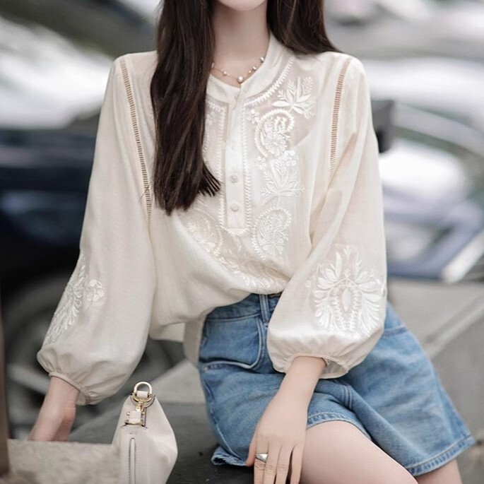 ヘンリーネック はしごレース レディース トップス ブラウス カットソー 7分袖 ボリューム袖 襟なし ノーカラー レース 刺繍 前開き ボタン ギャザー 大人可愛い きれいめ シンプル カジュアル