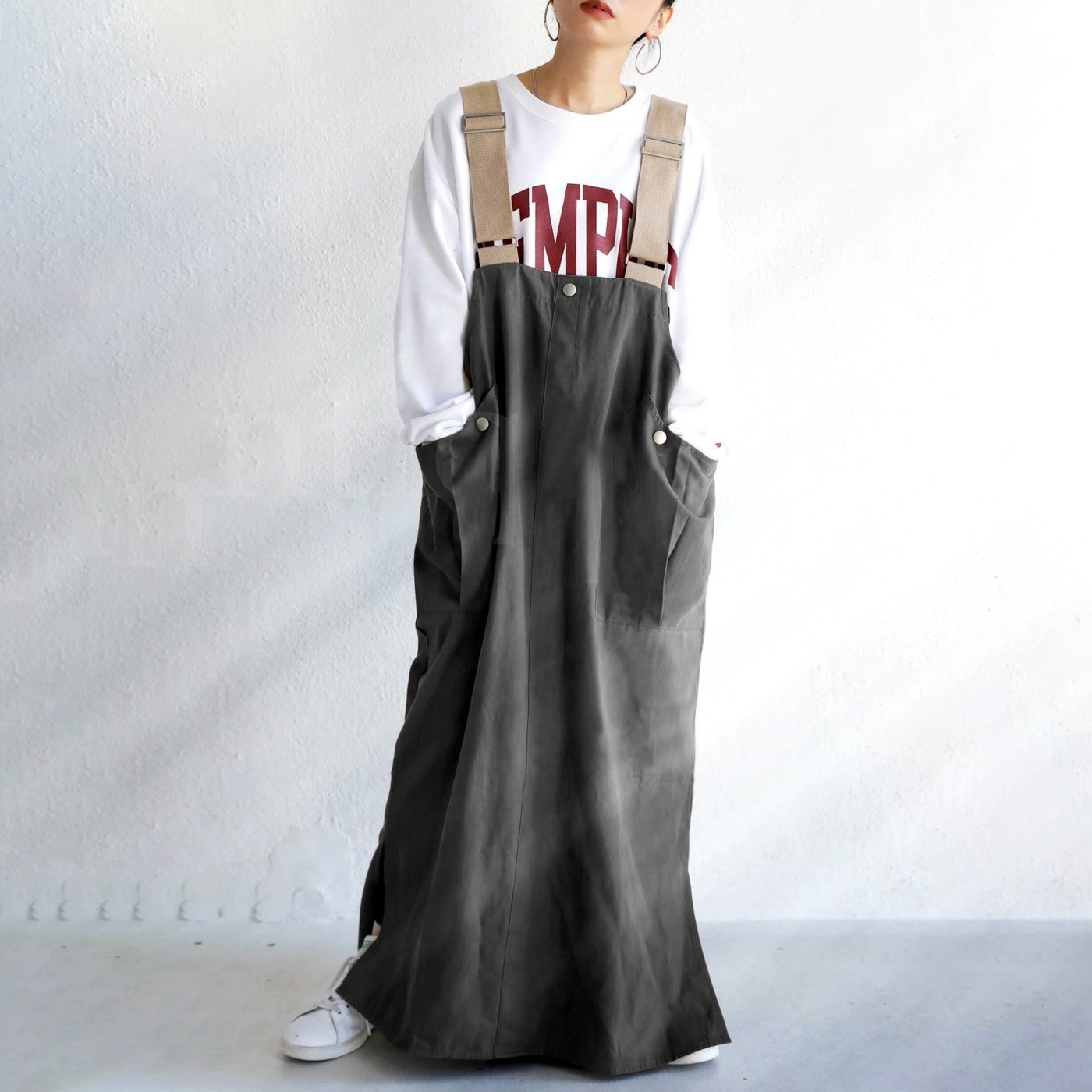 【四季商品】 全4色ビッグシルエットポケット付き着丈調節可ボタン切り替え配色キャミワンピース