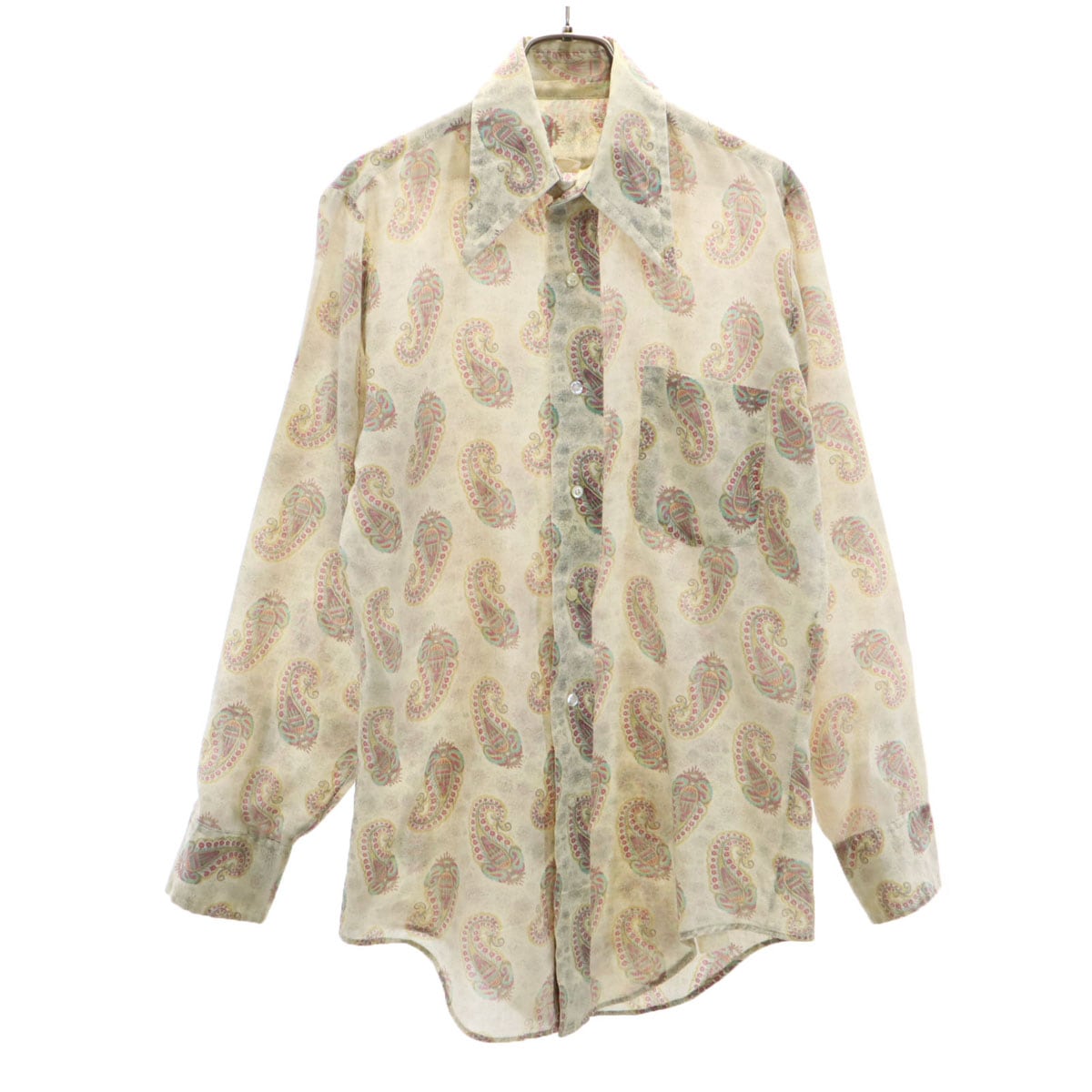 70s ヴィンテージ 総柄 長袖 シャツ S アイボリー系 メンズ 古着