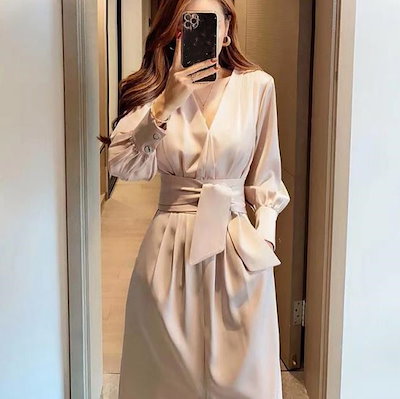 ワンピース レディース 上品 通勤 きれいめ 春秋 長袖 マキシワンピース Vネック ロング丈ワンピ