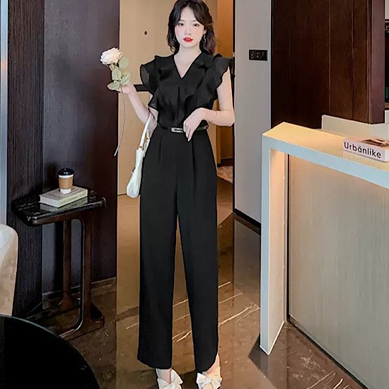 【取寄：納期2週間】結婚式ドレス パンツドレス ワイドレッグ フリル ノースリーブ ハイウエスト 脚長効果 発表会 演奏会 レディース 結婚式 ステージ衣装 ロング丈 エレガント