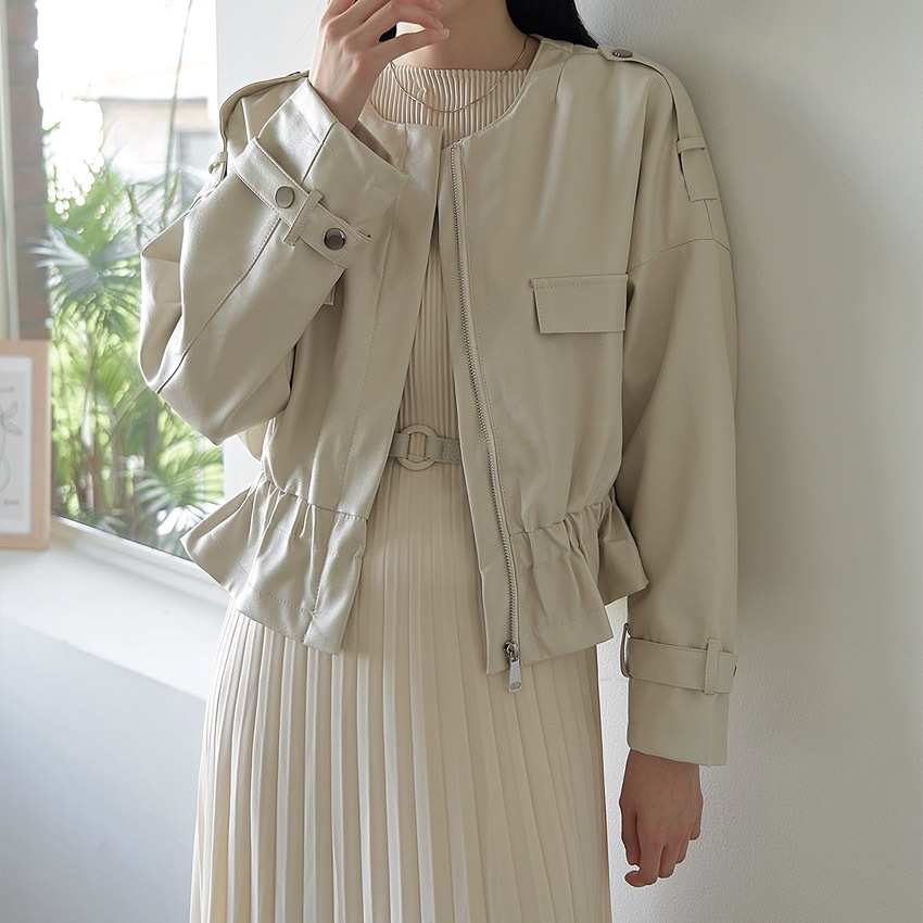 [tjk0184] 韓国ファッション クロップラウンドシャーリングレザージャケット