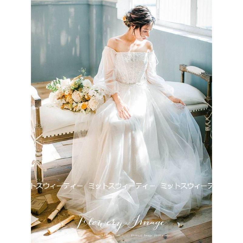 韓国ファッション結婚式 ウェディングドレス ふわふわ ロングドレス オフショルダー 披露宴 花嫁 ウエディングドレス 前撮りドレス ガーデンウェディング オフホワイト 二次会