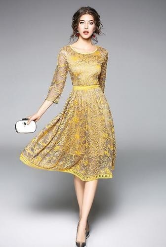 1404.レースミモレ丈ドレス（イエロー） 2019 春夏 sale 結婚式 二次会 お呼ばれ ドレス 披露宴 レディース 膝丈 パーティードレス 結婚式 フォーマル dress 半袖