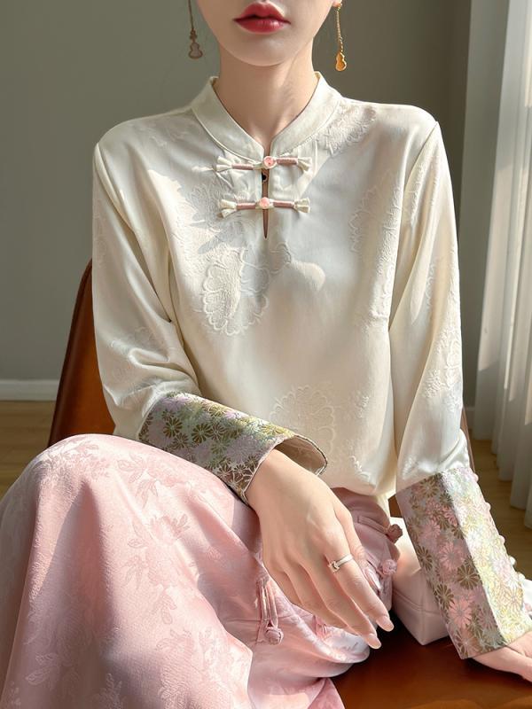 トップス シャツ レディース カジュアル おしゃれ Chamo 桑 スタンドカラー ボタン サテンシャツ レトロ ファッション スプライシング