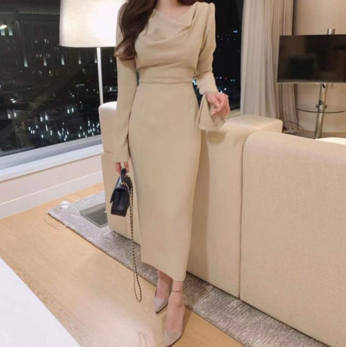 ワンピース レディース ドレス タイトドレス ボリューム襟 ボリューム袖 Iライン スカート ミモレ丈 ドレス ミモレワンピース Vネック 長袖 ウエストベルト 切り替え シフォン チュール