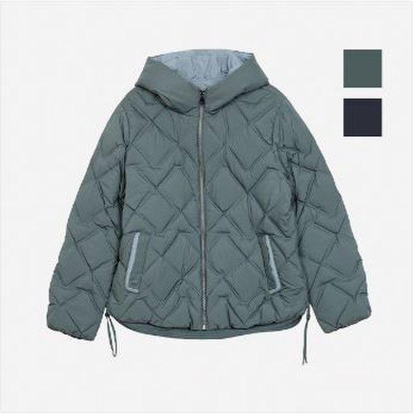 女性ポケット配色フード付きパディングジャンパー(NUL807)-KG