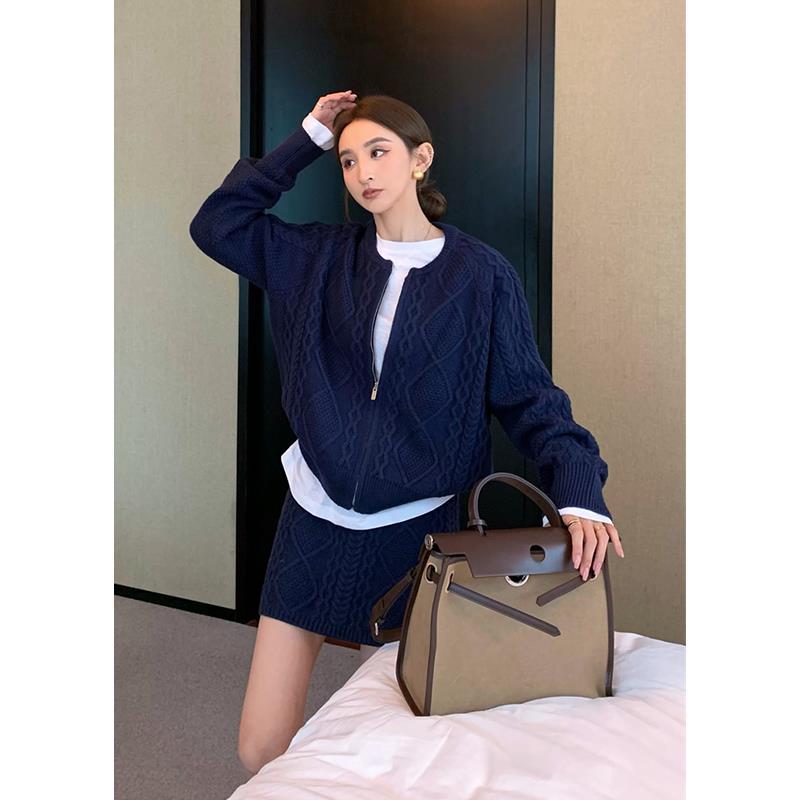 の新作発売韓国版ニットスーツ女性25 こなれ感 ニットセットアップ気質ジャンパー半身スカート2点セット