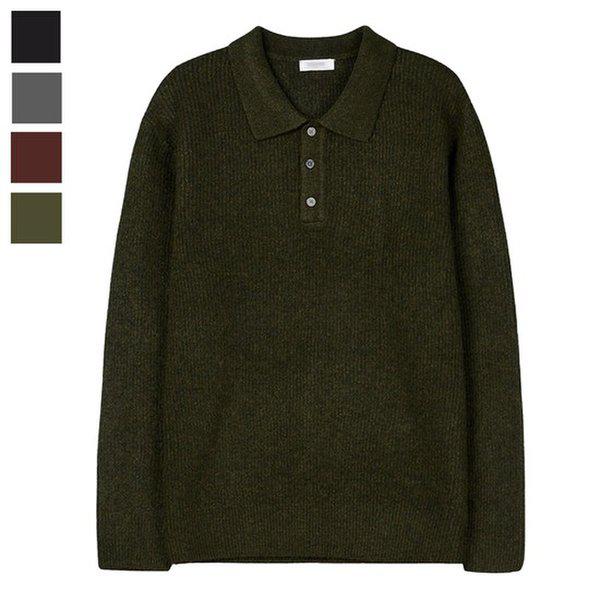 メンズ 季節の変わり目 ハーフボタン カラーネック 長袖 ニットTシャツ GN-KN-Q017-カーキ