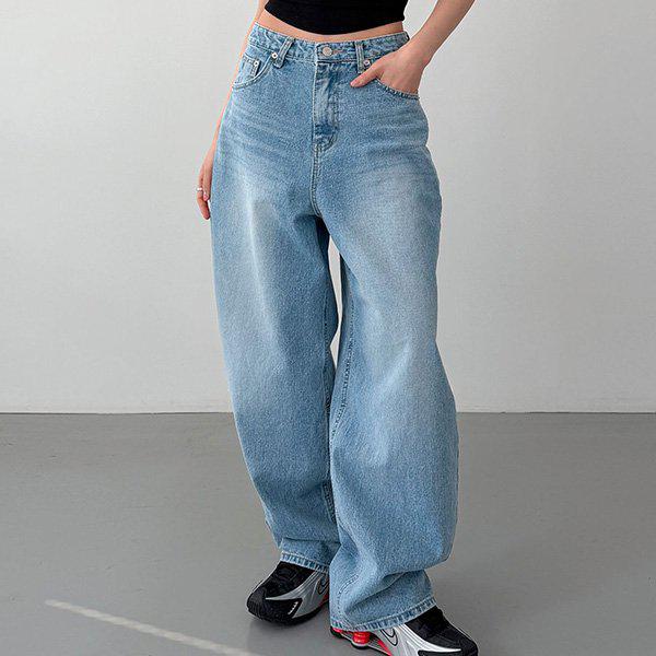 Hスタイル(JN)739ワイドバルーンストレートデニムパンツ 春 レディース ジーンズ デニムパンツ ワイドパンツ ストレートパンツ バンディングパンツ